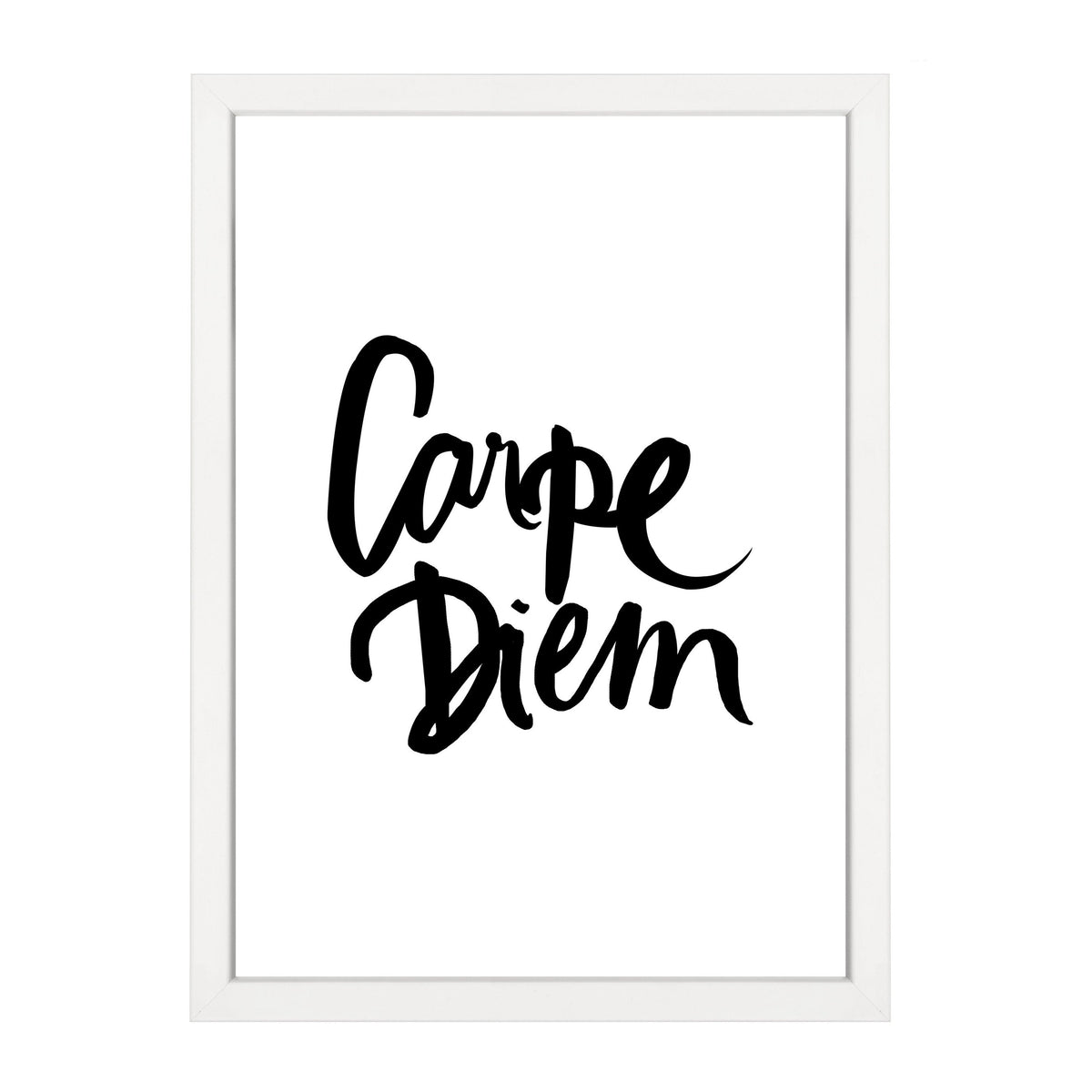 Carpe Diem print, black brush script on white, in a white frame on white