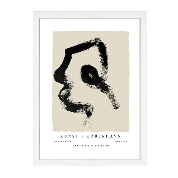 Copenhagen print, a black ink brush face shape on stone with a caption, in a white frame on white