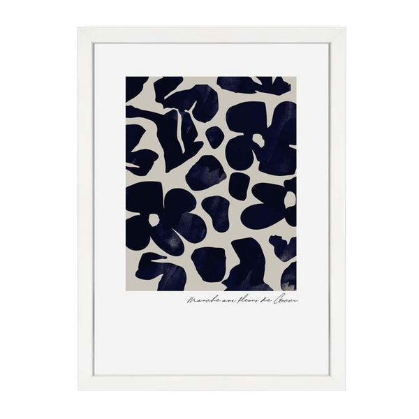 An Art Prints blue and white floral print in a white frame, available for delivery.
