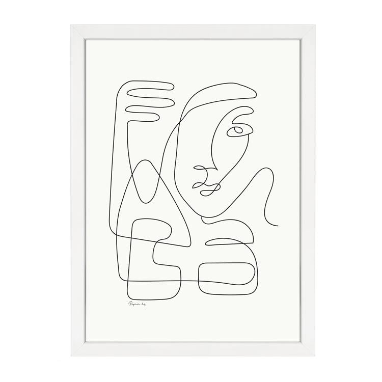 Abstract Faces print, black single line faces on white, in a white frame on white