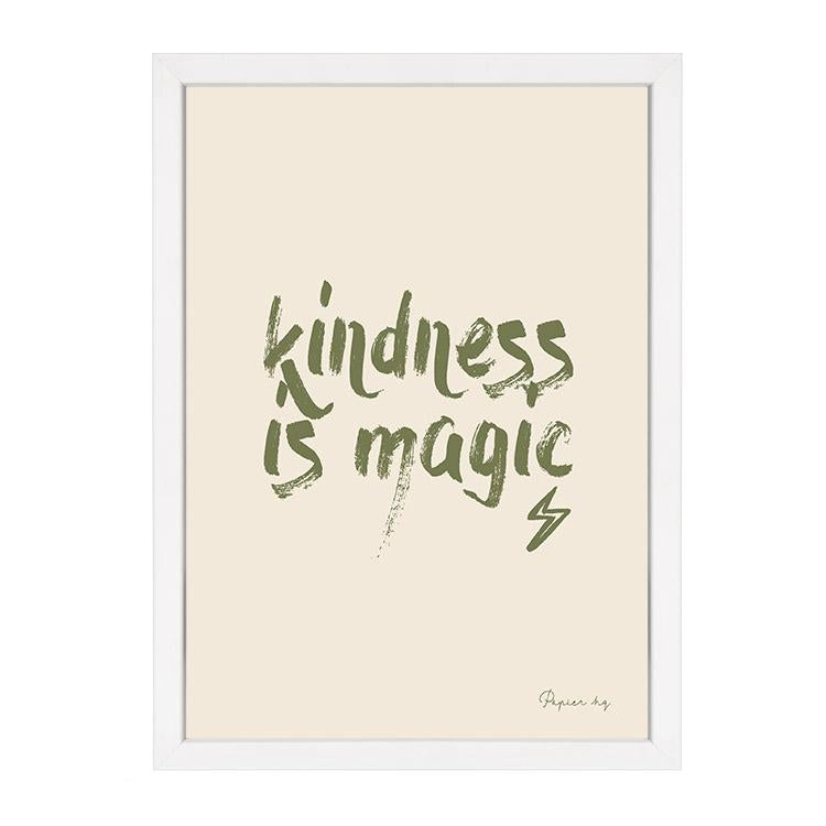 Kindness Is Magic typographic wall art print in khaki by Papier HQ framed in white
