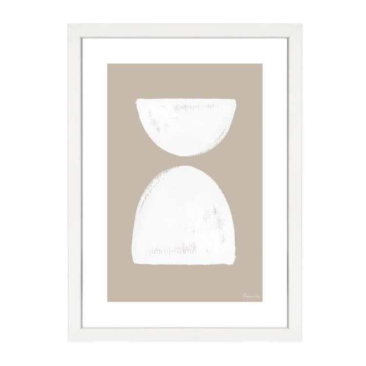 Painted shapes abstract wall art print in natural tones by Papier HQ framed in white