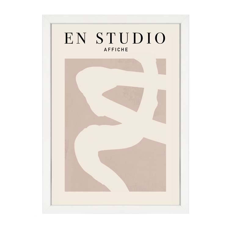 En Studio print, a cream brushstroke on blush, in a white frame on white