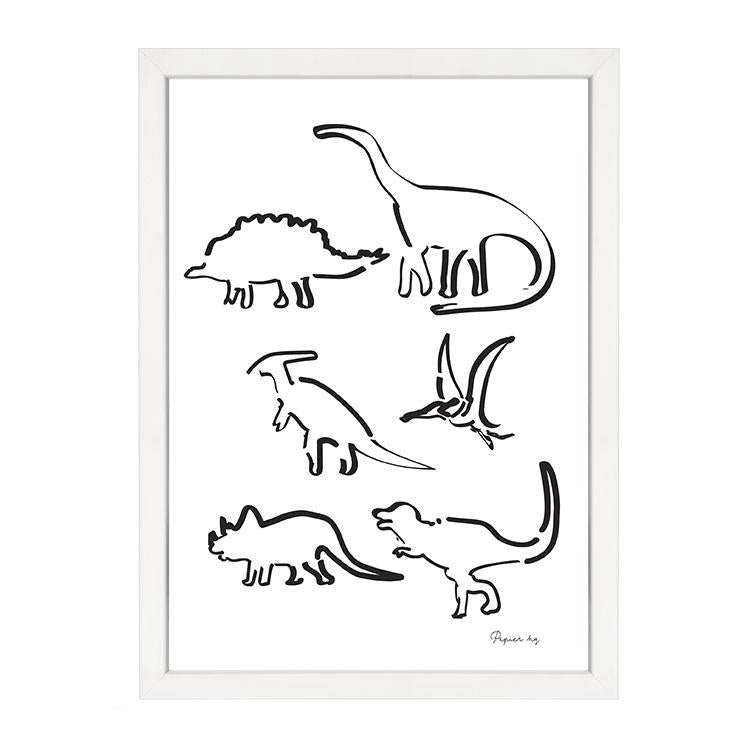 Dinosaur print, black brush drawn dinosaurs on white, in a white frame on white