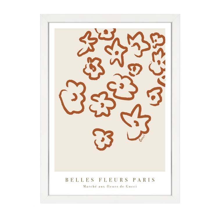 Fleurs Rust print, rust line drawn flowers on cream, in a white frame on white