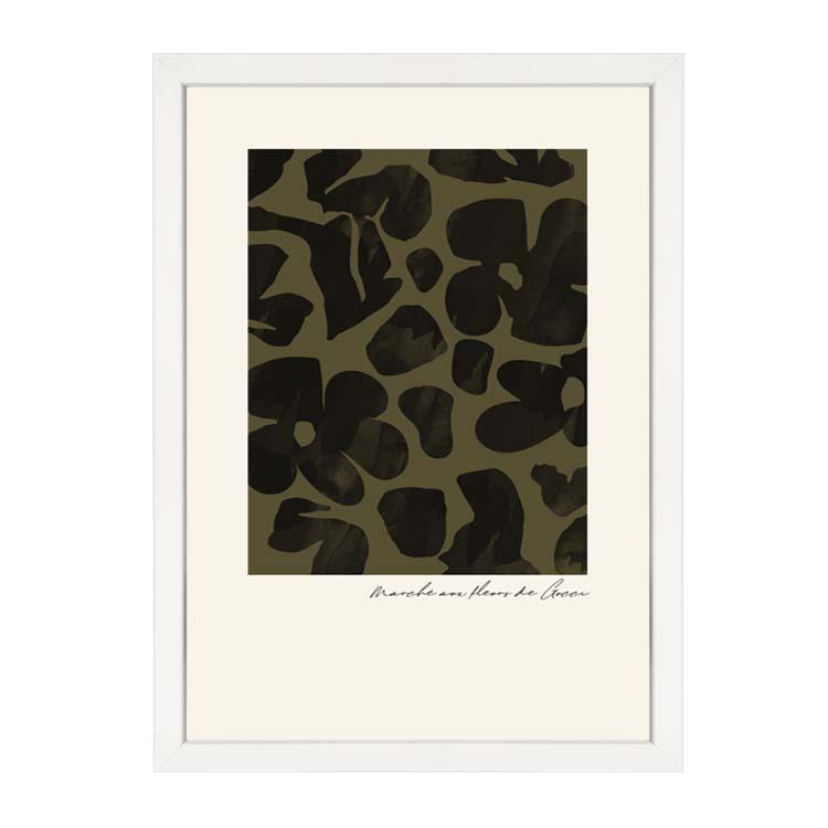 Flower Market Khaki print, dark flower shapes on khaki with a script caption, in a white frame on white
