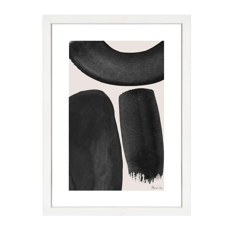 Hana abstract print by Papier HQ, bold black brushstrokes, in a white frame (A3 mockup)