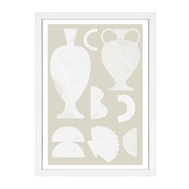 Painted Objects Nude print, white vessel and shape cutouts on soft sage, in a white frame on white