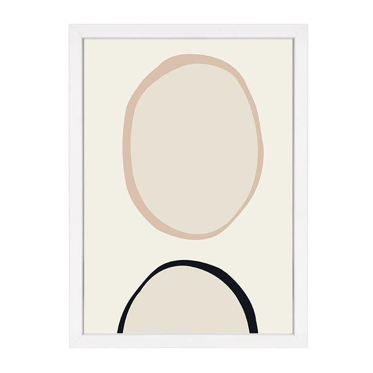 Circles print, a blush oval above a black arch on cream, in a white frame on white