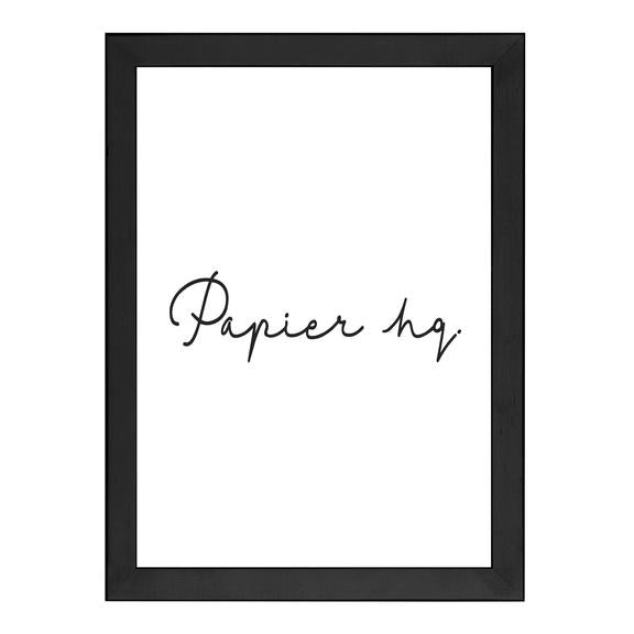 An Art Prints black and white framed print with the word paper hy, packaged for delivery.