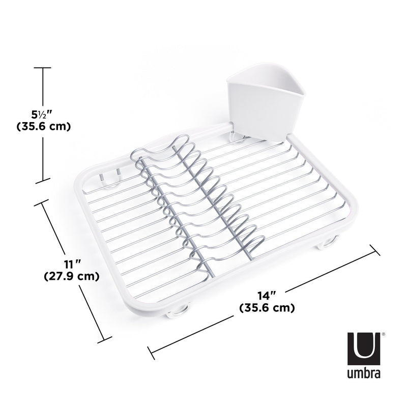 An Umbra SINKIN DISH RACK WHITE for air-dry dishes, complete with measurements.
