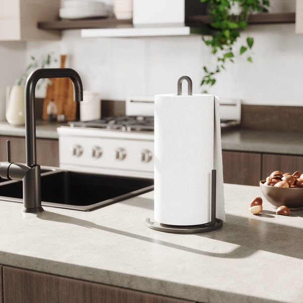 A kitchen with a sink and an Umbra SQUIRE COUNTERTOP PAPER TOWEL HOLDER.