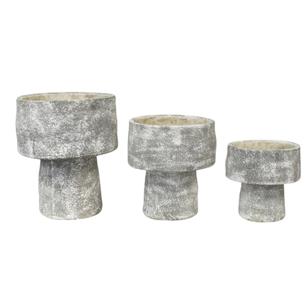 Three grey wash cement mushroom planters in graduating sizes, lined up on a white background