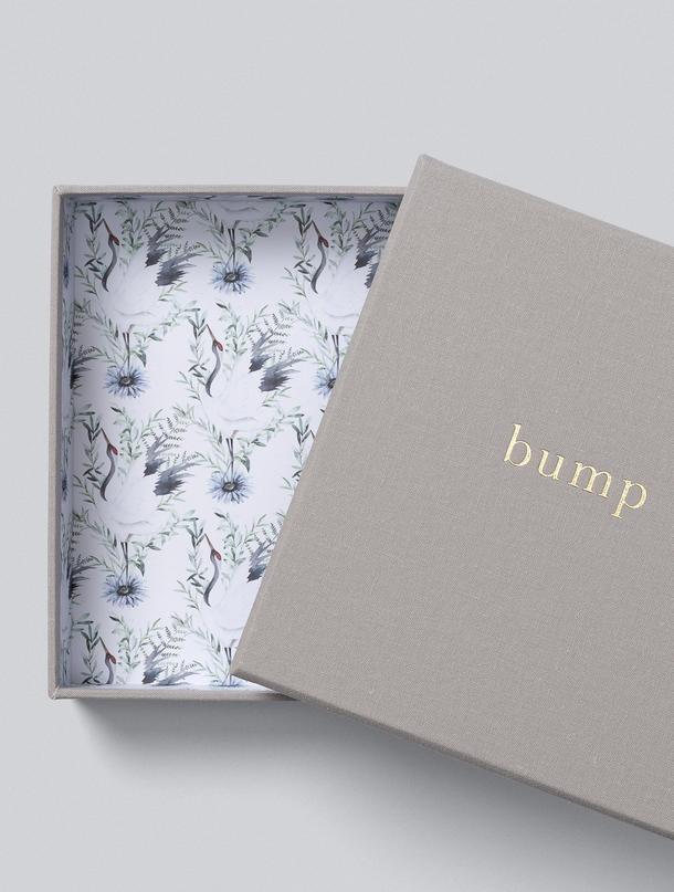 A box featuring the word "BUMP | MY PREGNANCY JOURNAL | LIGHT GREY" and a photo for capturing the pregnancy journey by Write To Me.