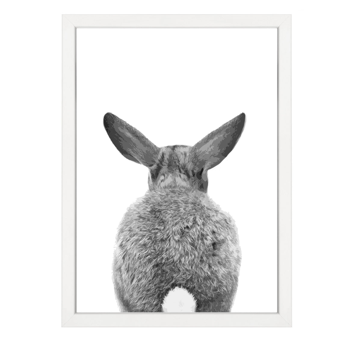 Bunny Back print, a black and white bunny from behind with a white tail, in a white frame on white