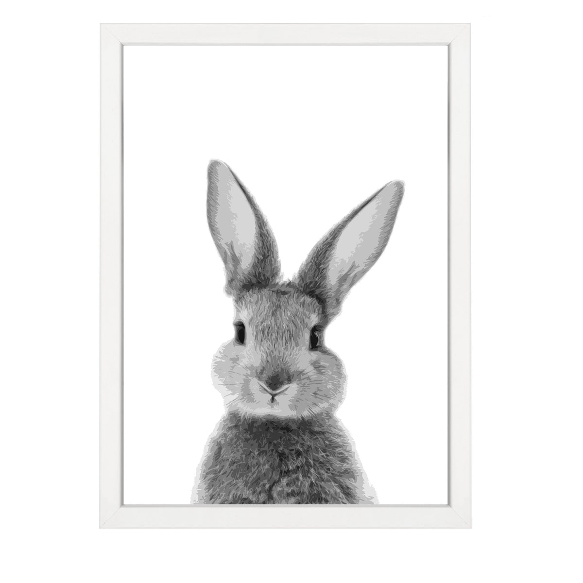 Bunny Front print, a black and white bunny facing forward, in a white frame on white