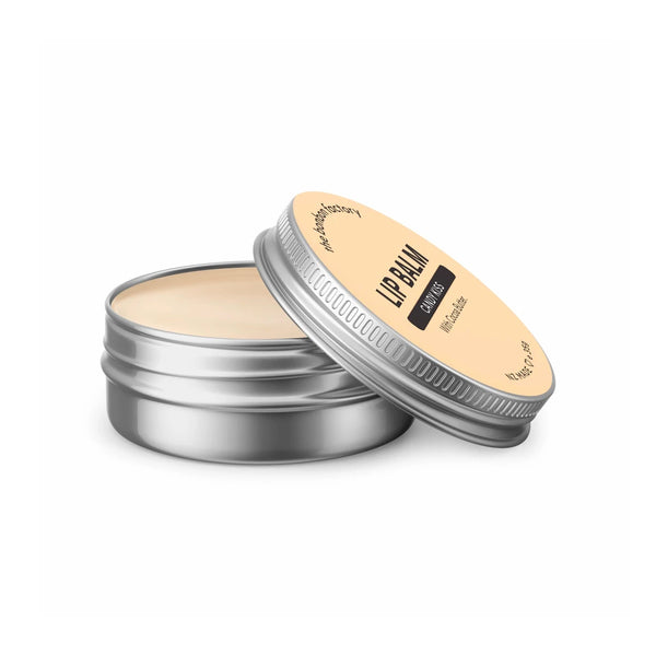 A tin of CANDY KISS VEGAN LIP BALM made by The Bonbon Factory, with moisturizing beeswax.