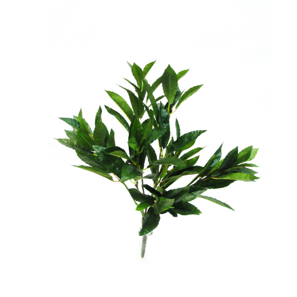 An Artificial Flora Bay Leaf Bush sprouting on a stem against a white background.