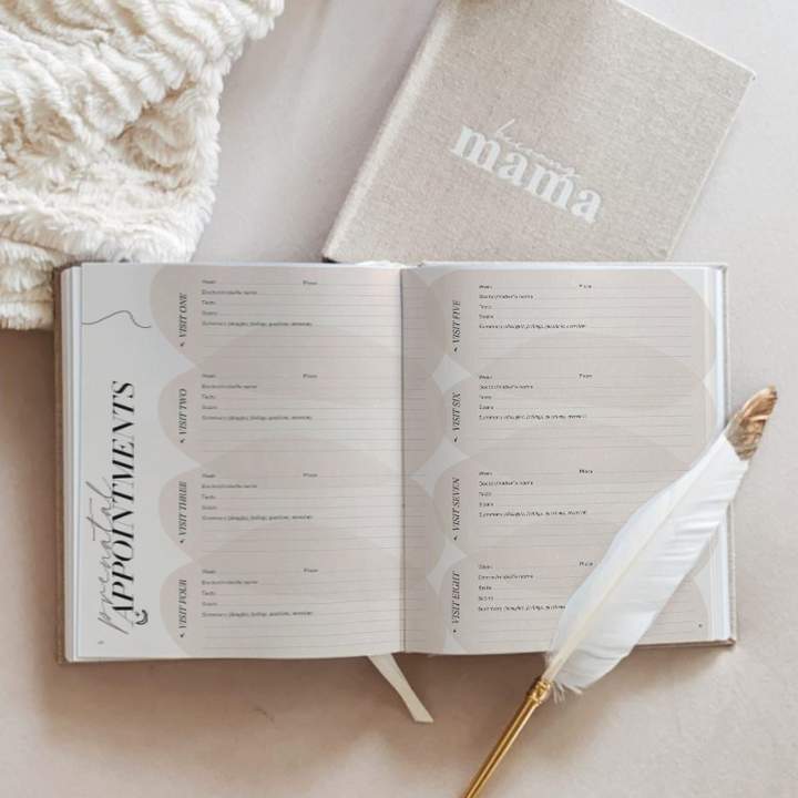 A Becoming MAMA - A Pregnancy Journal with a feather and a pen on it, perfect for the nursery or as a baby shower gift.