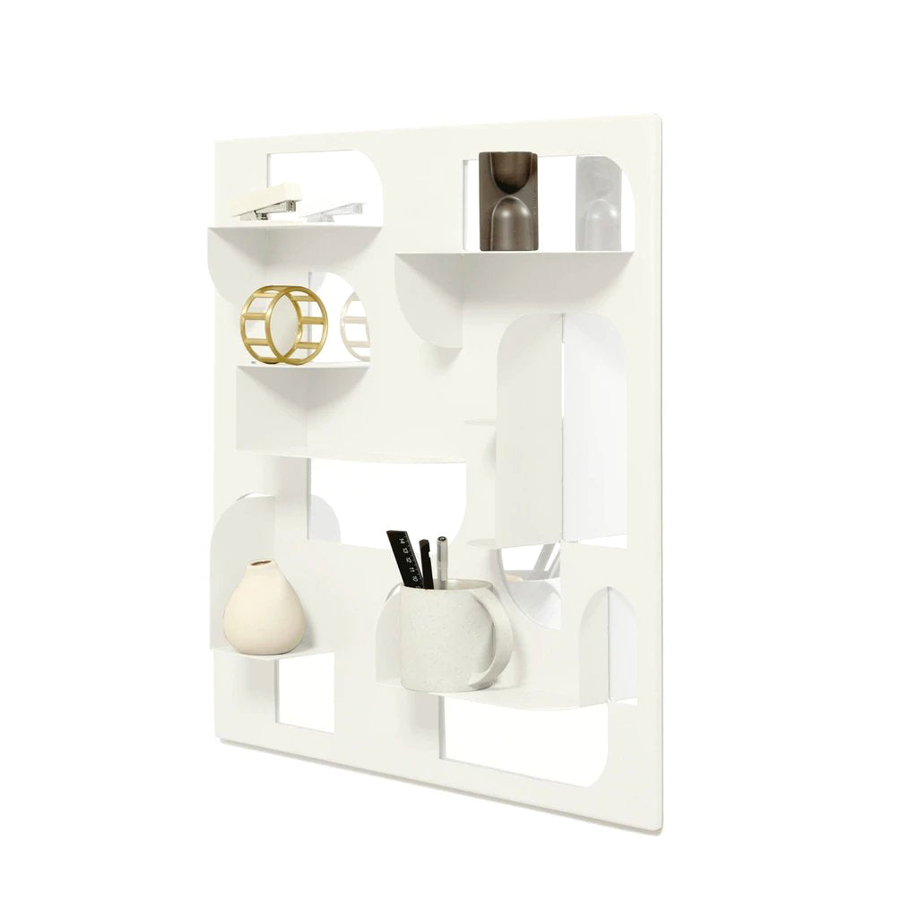 Umbra Bend sculptural wall shelf with laser-cut mirror shapes