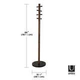 An Umbra Pillar Coat Rack with measurements available for storage online.