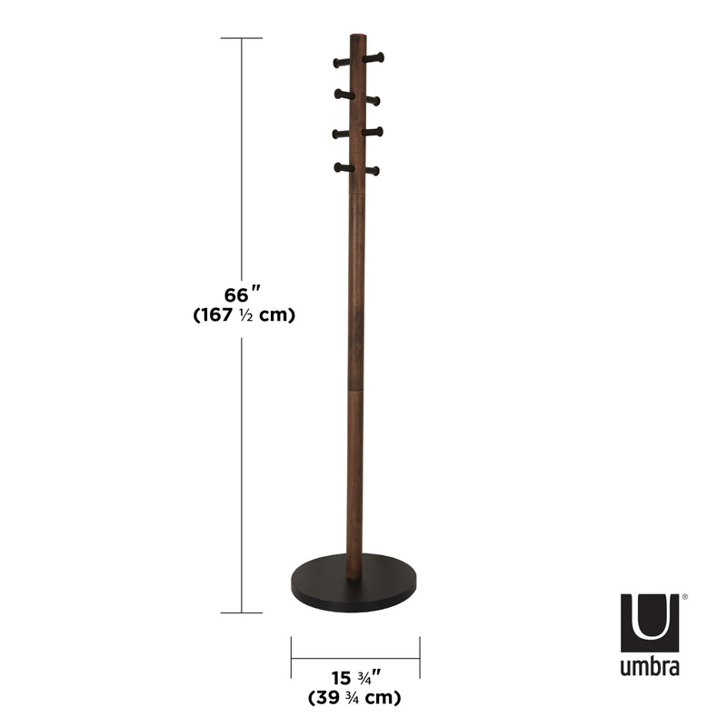 An Umbra Pillar Coat Rack with measurements available for storage online.