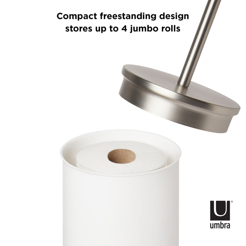 This Umbra Portaloo Toilet Paper Stand - White/Nickel is perfect for any bathroom. It can store up to 1 jumbo roll, making it a convenient and space-saving choice.