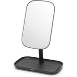 An adjustable Flux Home mirror with a storage tray, perfect for make-up application, showcased on a white background.