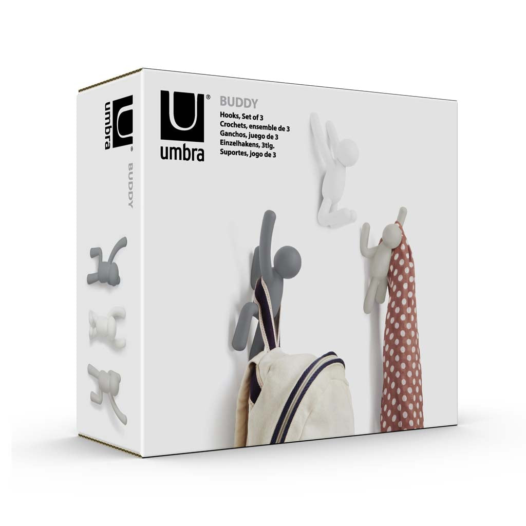 Umbra Buddy Hooks, set of 3 in multi grey, with the box and a coat hanger