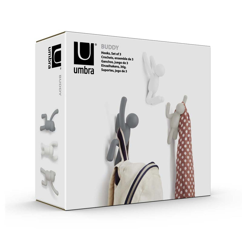 A durable molded polypropylene box with a set of Buddy Hooks - Set of 3 Multi Grey and a coat hanger from the Umbra range.