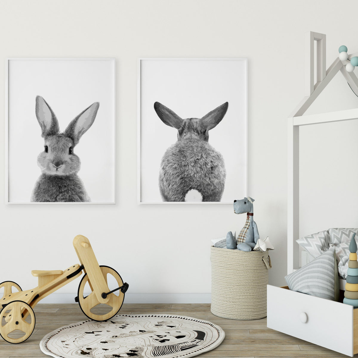 Bunny Back print beside a bunny front print above a balance bike and house bed