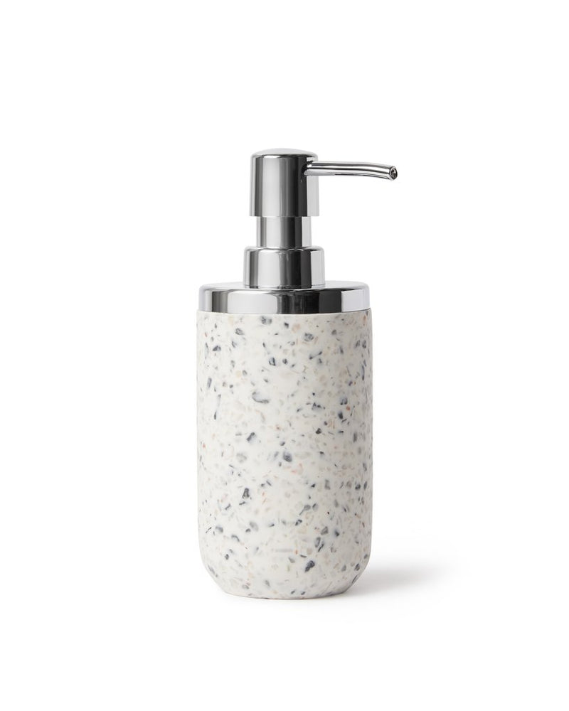 A white Umbra Junip Soap Pump - Terrazzo from the Junip collection, featuring white speckles on it.