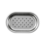 A metal tray with holes on a white background, perfect for displaying Junip Oval Soap Dish - Stainless Steel from the Umbra Collection.