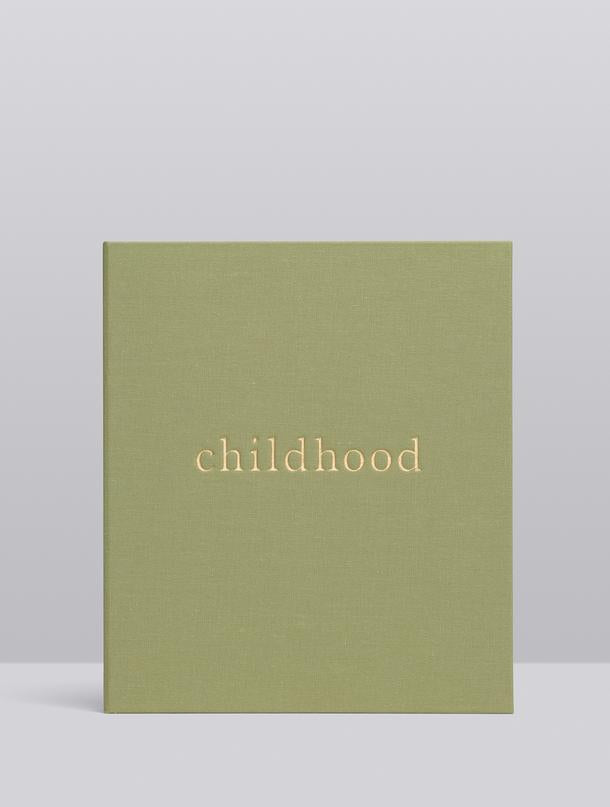 Sage linen Childhood journal front cover on a grey backdrop