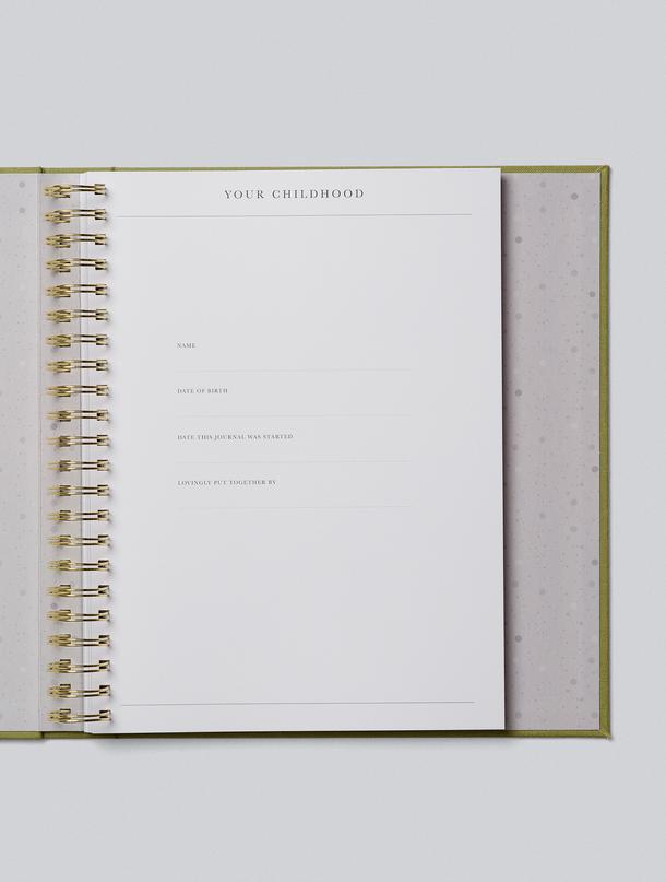 Open Childhood journal on its Your Childhood title page, ready for name and birth details
