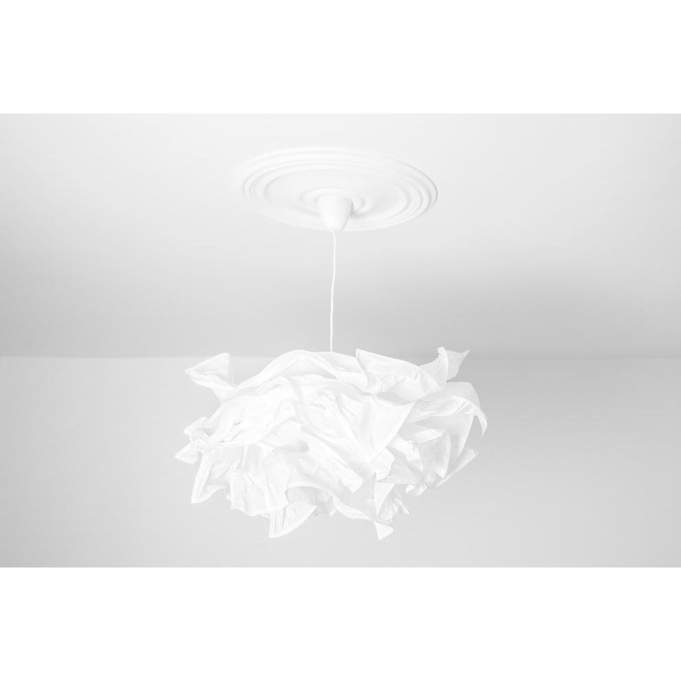 White Cloud Pendant paper lamp shade suspended in a minimal white room with a diffused glow