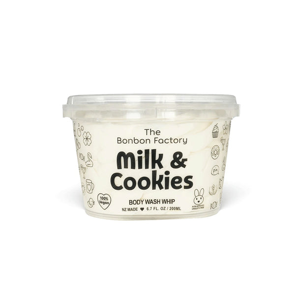 A tub of MILK & COOKIES BODY WASH WHIP from The Bonbon Factory, highlighting the use of vegan ingredients.