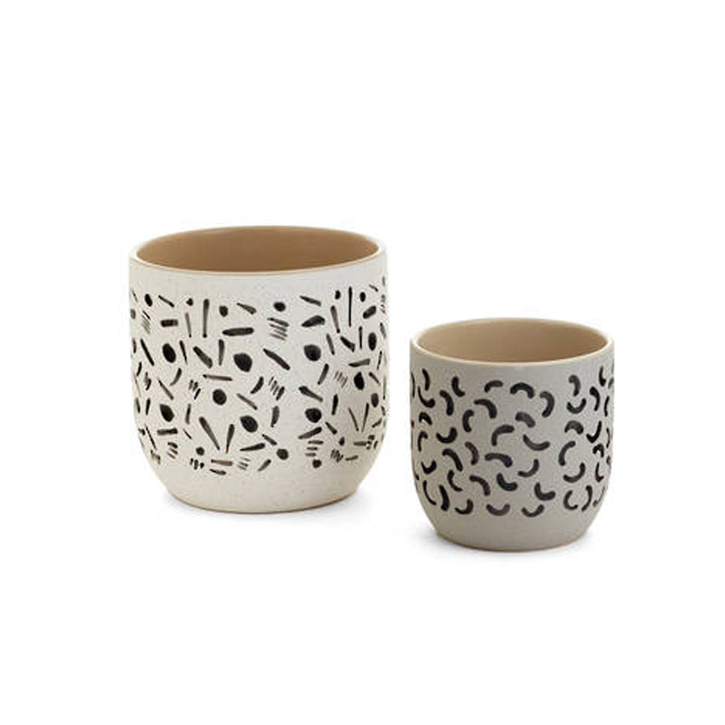 Copeland planters in two sizes, off white ceramic printed with small black graphic marks