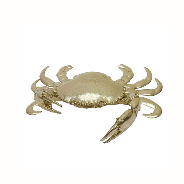 A Flux Home Crab Ornament - Gold on a white background showcasing its height and width.