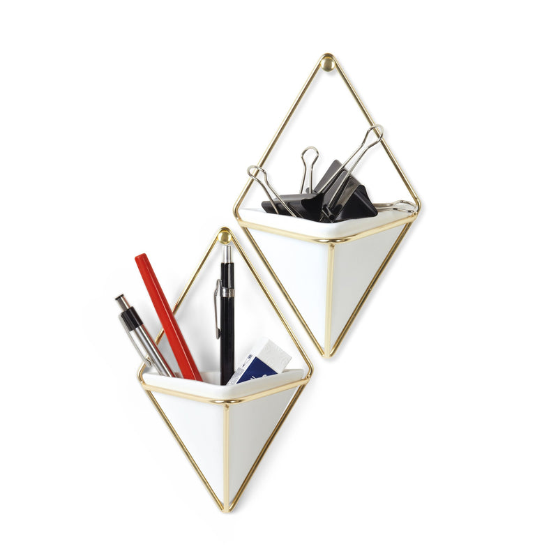 Two triangle shaped Umbra Trigg Wall Vessel - White / Nickel | Small Set of Two holders filled with pens and pencils, enhancing indoor plants with a modern design.