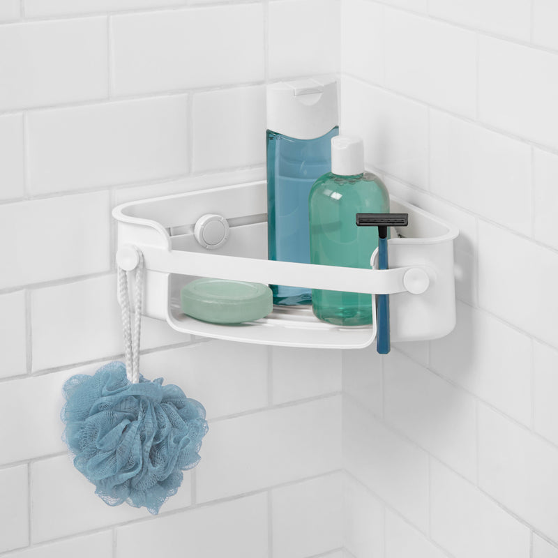 Umbra's Flex Gel Lock Corner Bin - a convenient corner shower shelf with a built-in soap dispenser.