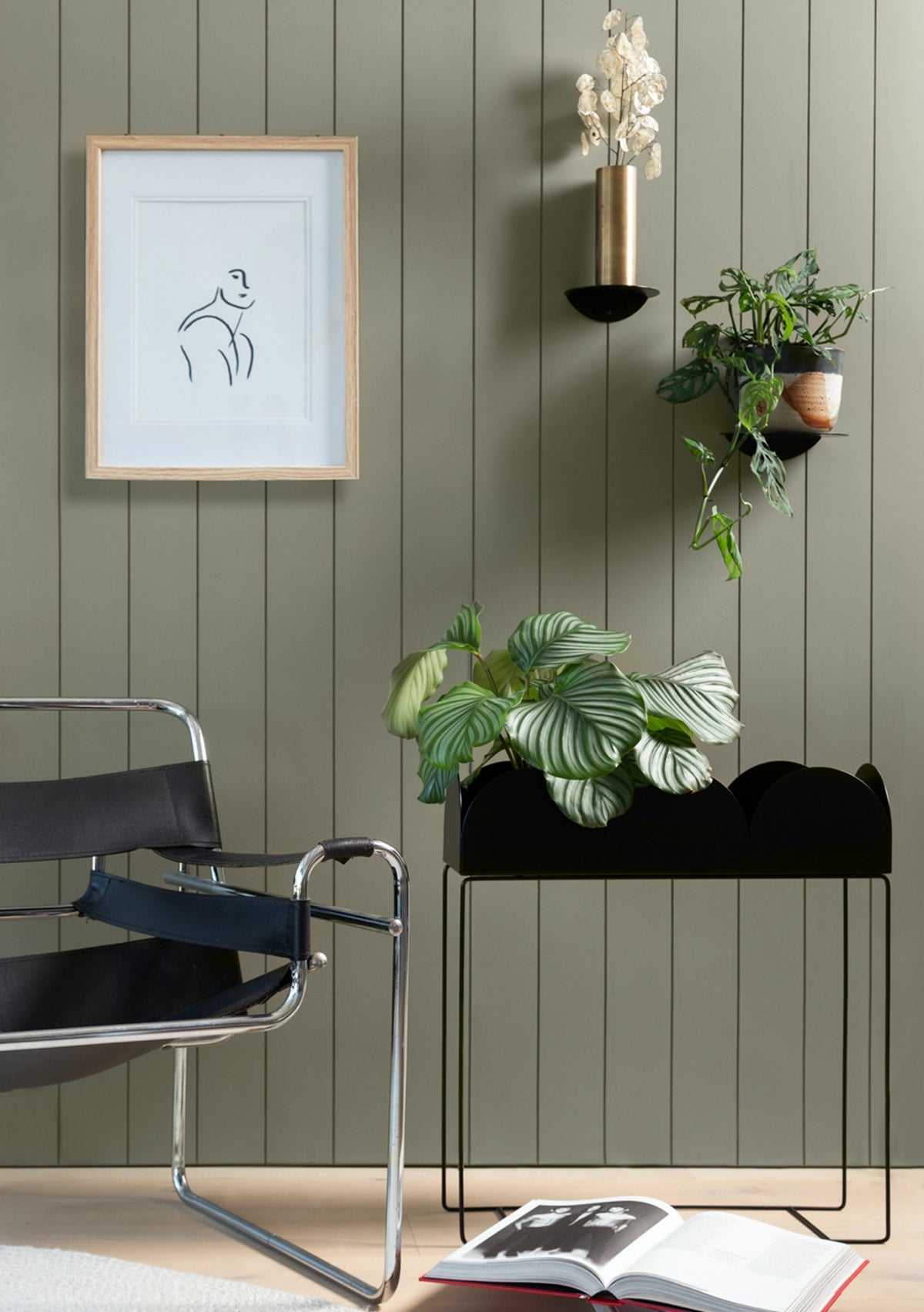 Black FOLD Round Shelves holding plants on a sage panelled wall beside a plant stand and framed art