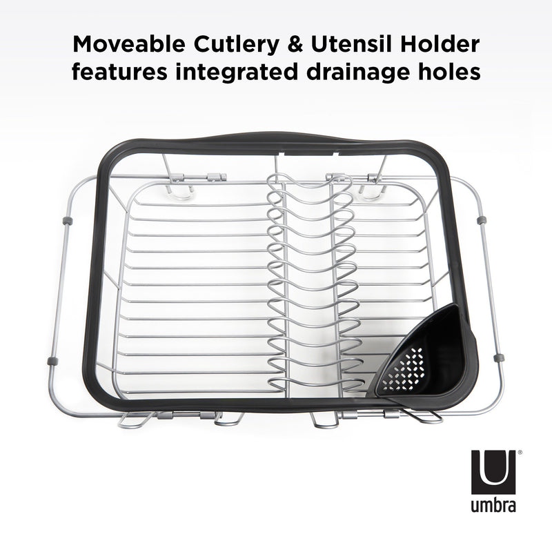 Umbra Sinkin Multi-Use Dish Rack - Black/Nickel with integrated drainage holes for dish drying rack.