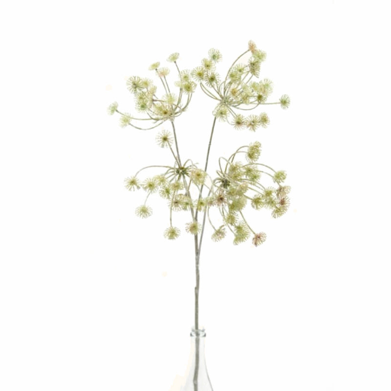 Artificial Flora's Dried Dill Spray in a glass vase on a white background.