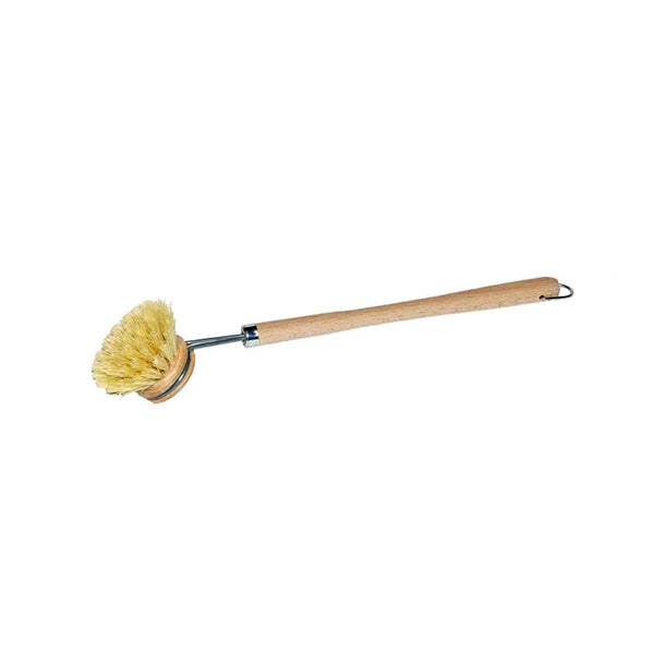 A Florence Tampico Fibre Dish Brush with a wooden handle, featuring water-retaining properties, and replacement brush heads on a white background.