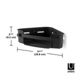 A black plastic Flex Gel Lock Corner Bin from Umbra with measurements for a toilet seat that provides more room in an underutilized corner space.
