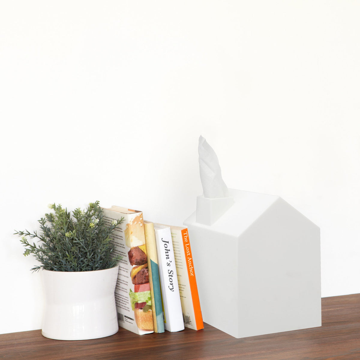 Umbra Casa tissue box cover on a timber shelf beside books and a potted plant