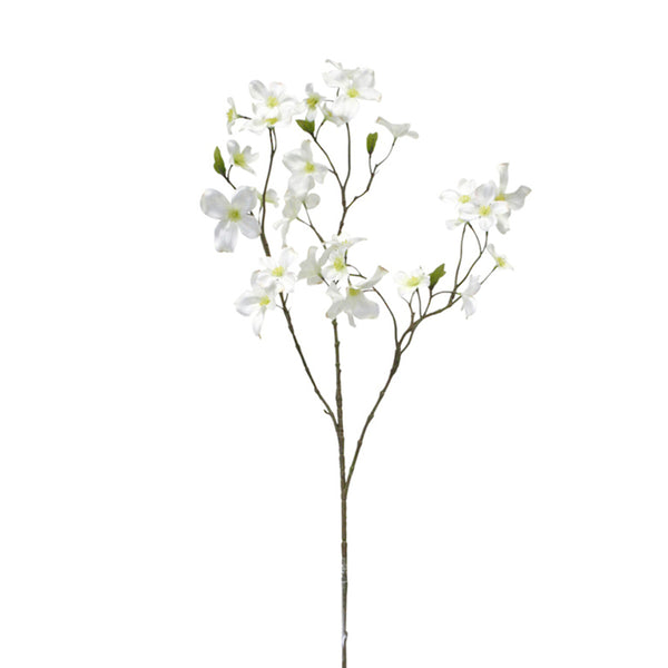 Artificial Dogwood Blossom Spray from Artificial Flora, with white dogwood flowers on a stem against a floral background.