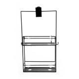 A modern black metal rack with two shelves on it from Umbra's Cubiko Shower Caddy range.