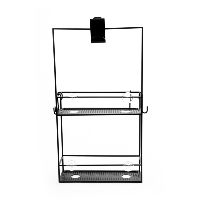 A modern black metal rack with two shelves on it from Umbra's Cubiko Shower Caddy range.